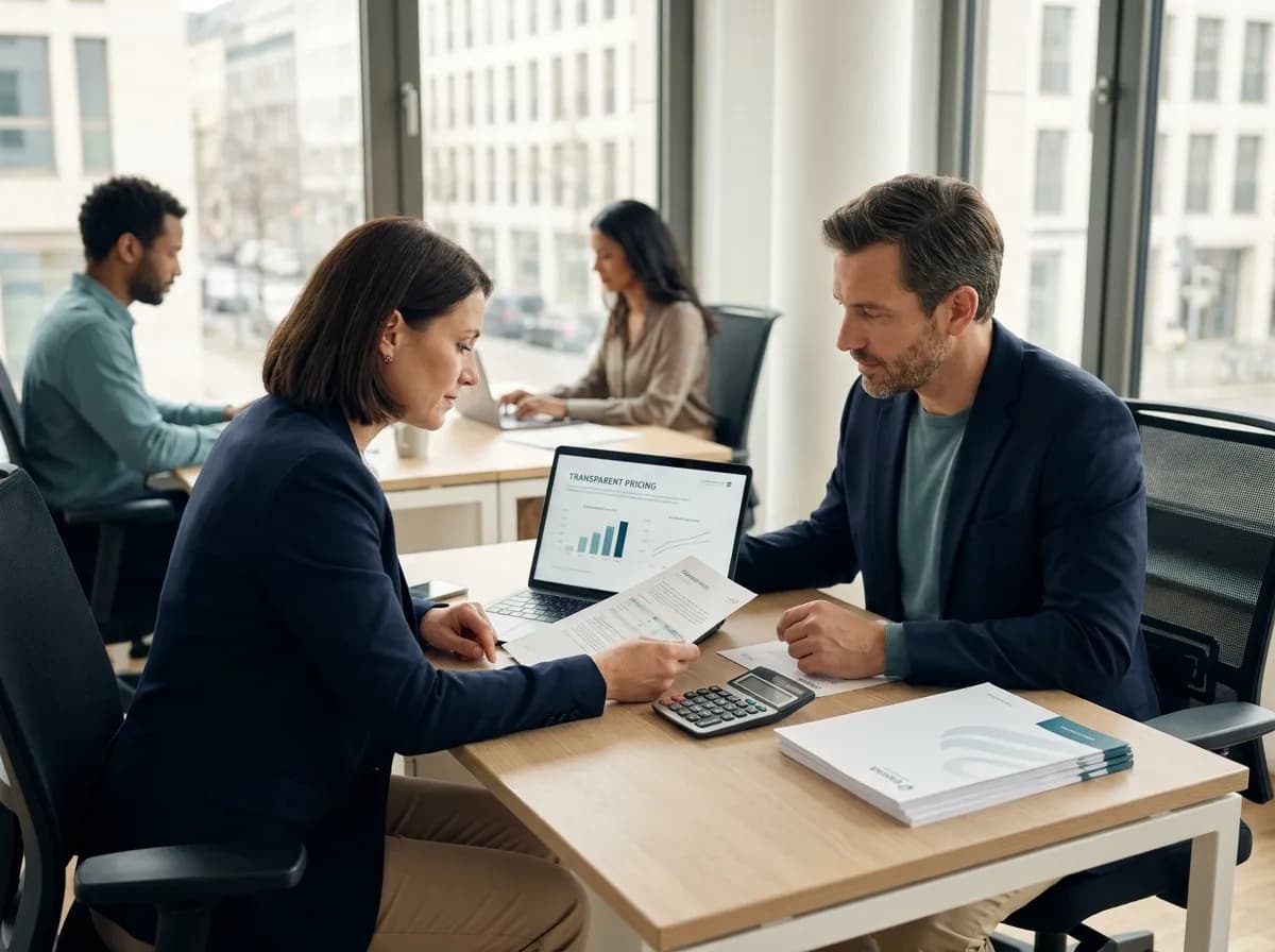 Beratung zu transparenten Preis- und Servicepaketen an einem modernen Arbeitsplatz